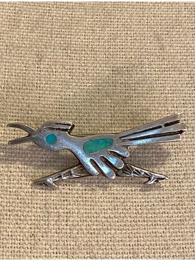 Vintage Native American Sterling Silver Turquoise Roadrunner Brooch Pin